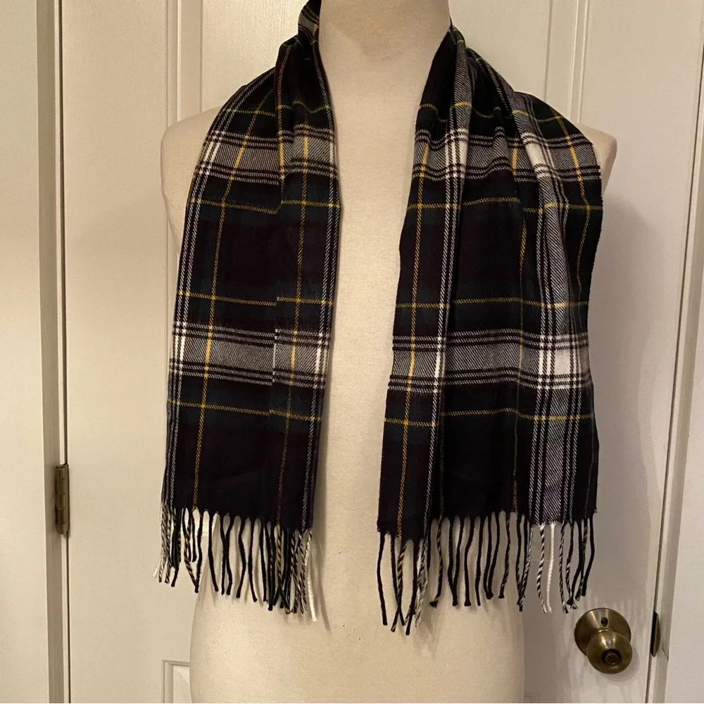 CHRISTIAN DIOR MENS SCARF BLUE WHITE PLAID MUFFLER ACCESSORY FRINGE VINTAGE